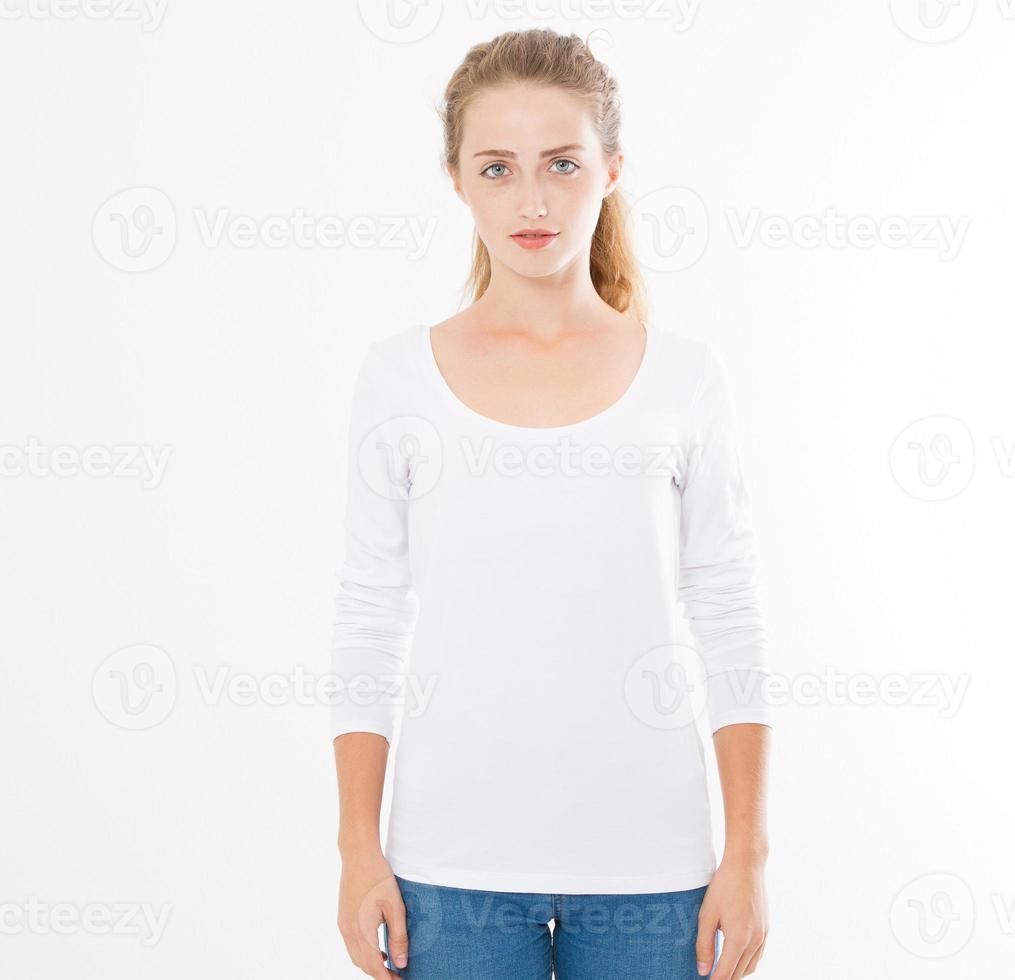 Midsection of young woman wearing blank tshirt on white background, girl in t-shirt mock up isolated photo