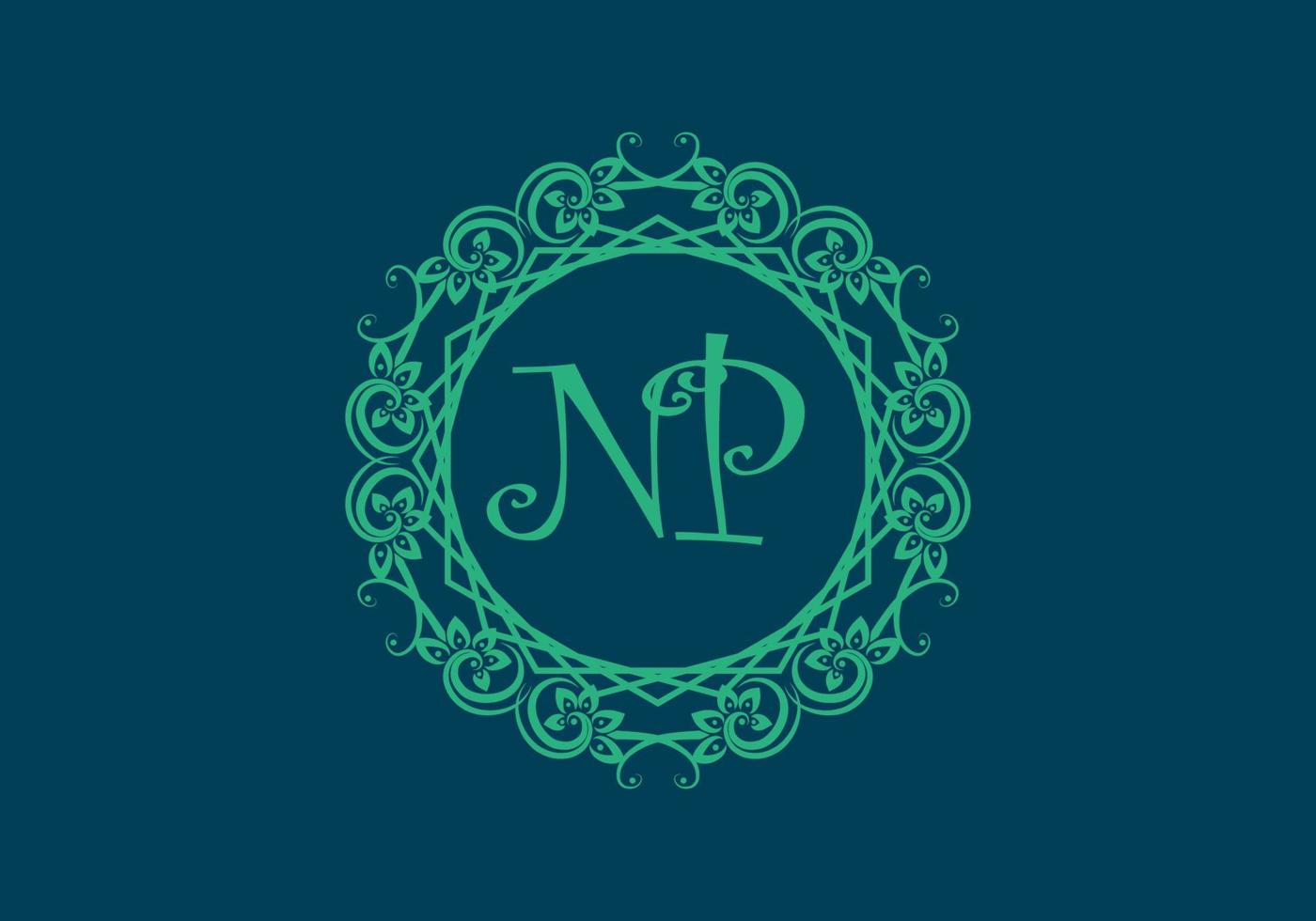 NP initial letter in vintage circle frame vector