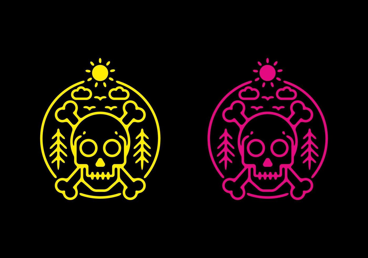 Pink and yellow illustration of skull head in dark background vector