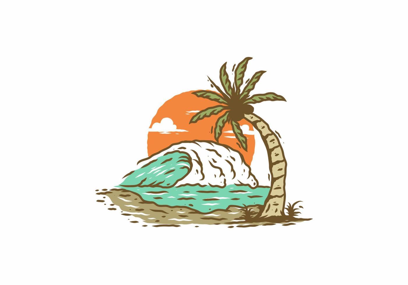 Sea wave and coconut tree vintage illustration drawing vector