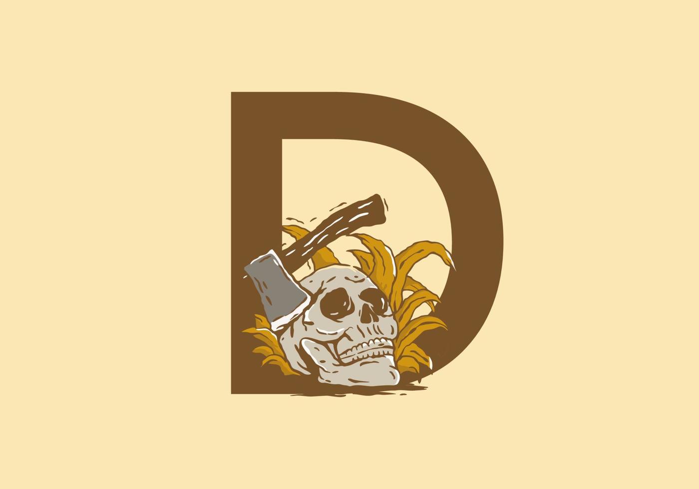 Skeleton head and ax illustration drawing with D initial letter vector