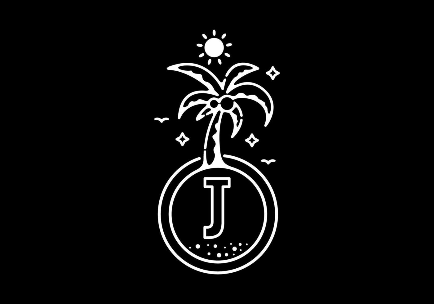 White black line art illustration of coconut tree in the beach with J initial letter vector