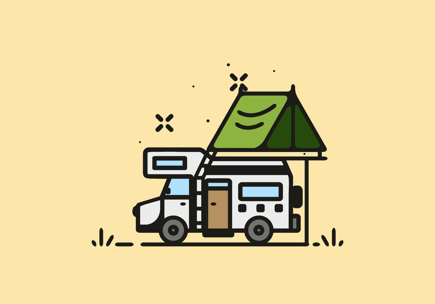 Camping with camper van line art illustration vector