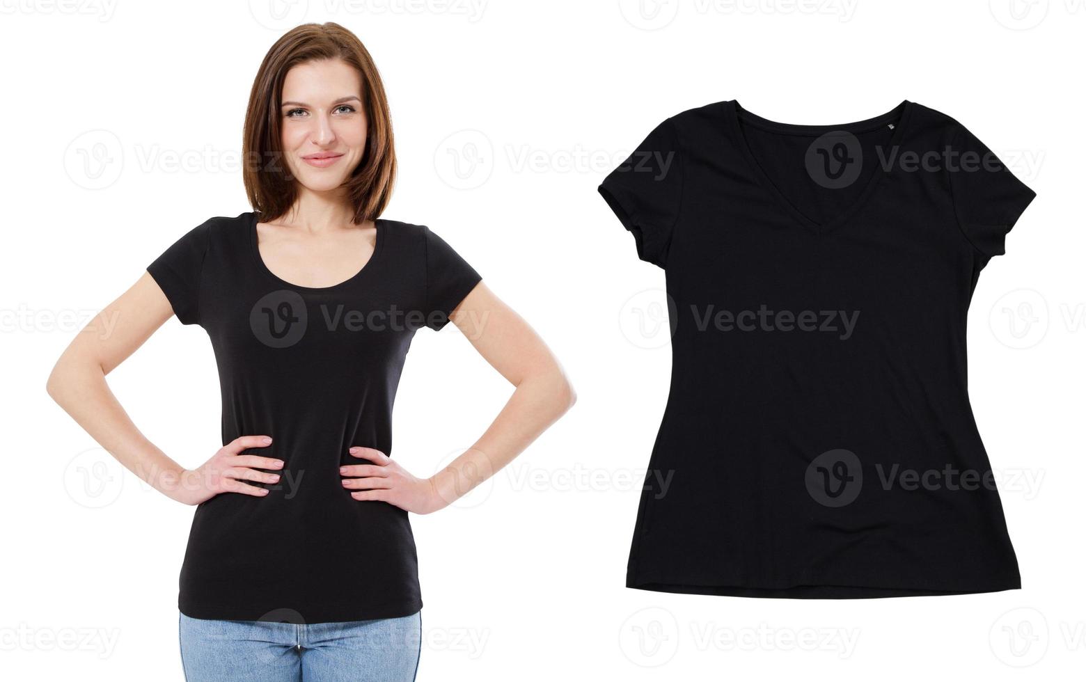 Black t shirt female isolated, empty t-shirt close up, t shirt set photo