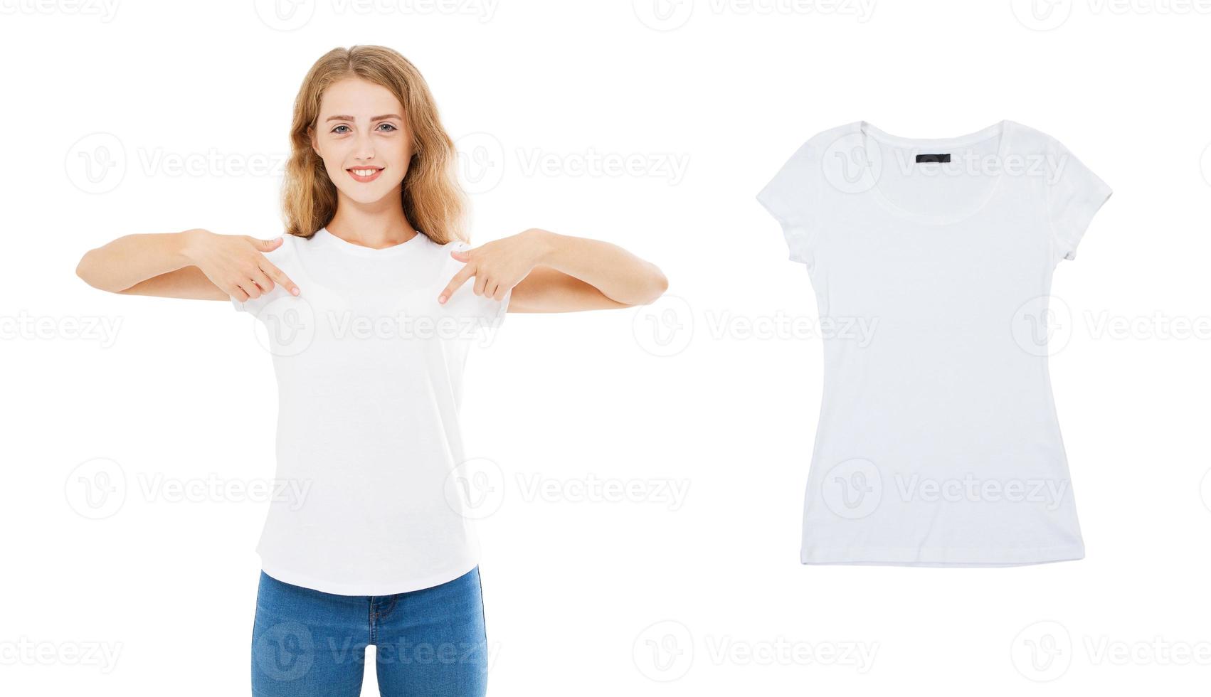 Girl white tshirt mock up, empty T-shirt closeup, summer tshirt over white background, woman t shirt mockup photo