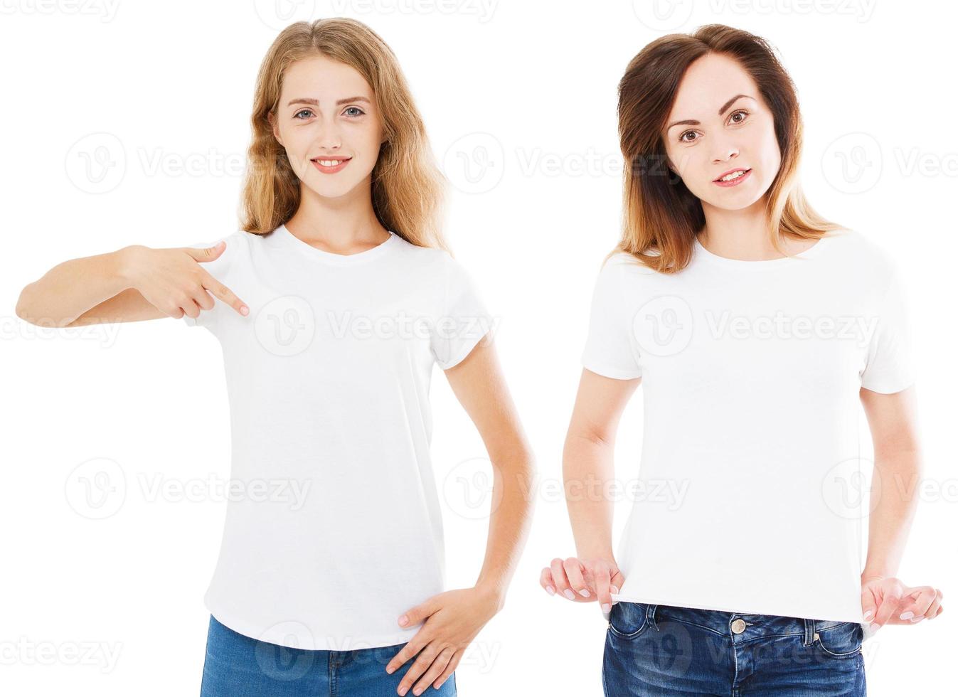 set white t shirt, front view two woman in t-shirt isolated on white background,design and people concept photo