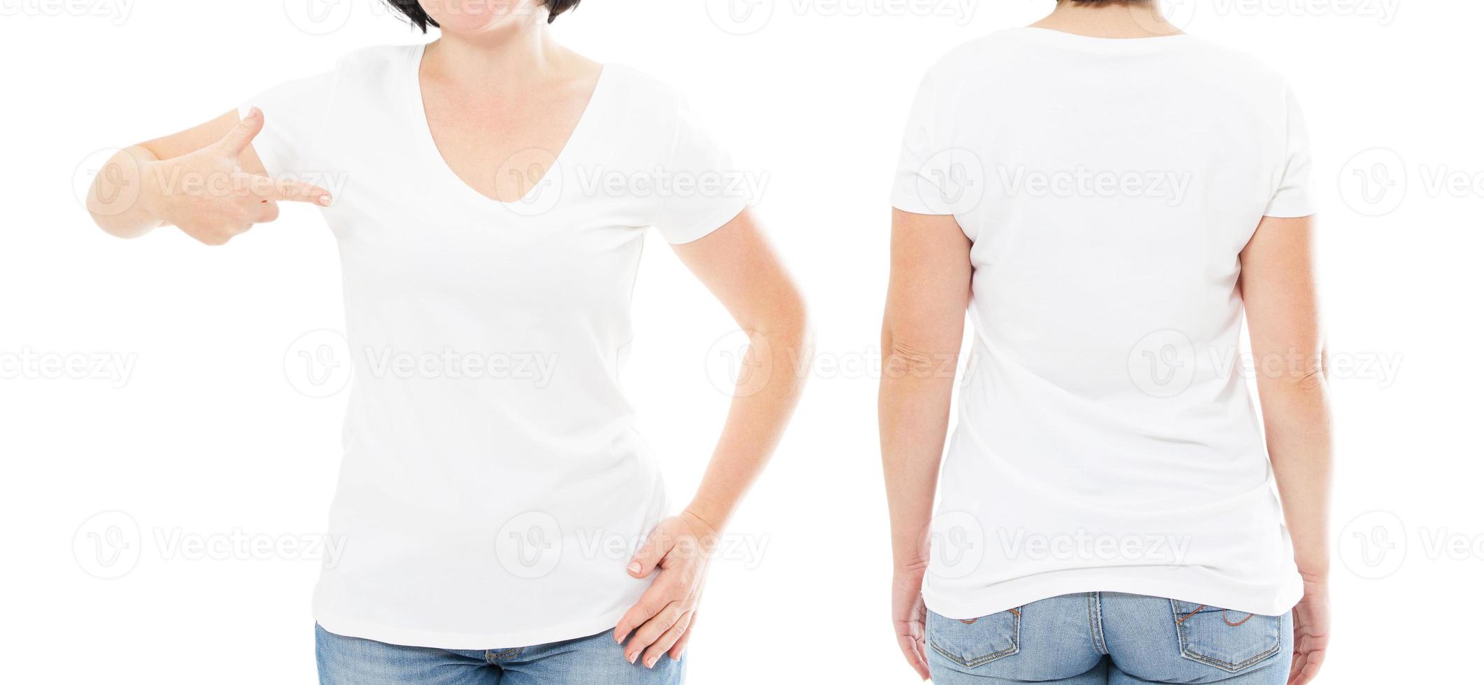 summer t-shirt set isolated on white , woman pointed on t shirt , girl point on tshirt , cropped image photo