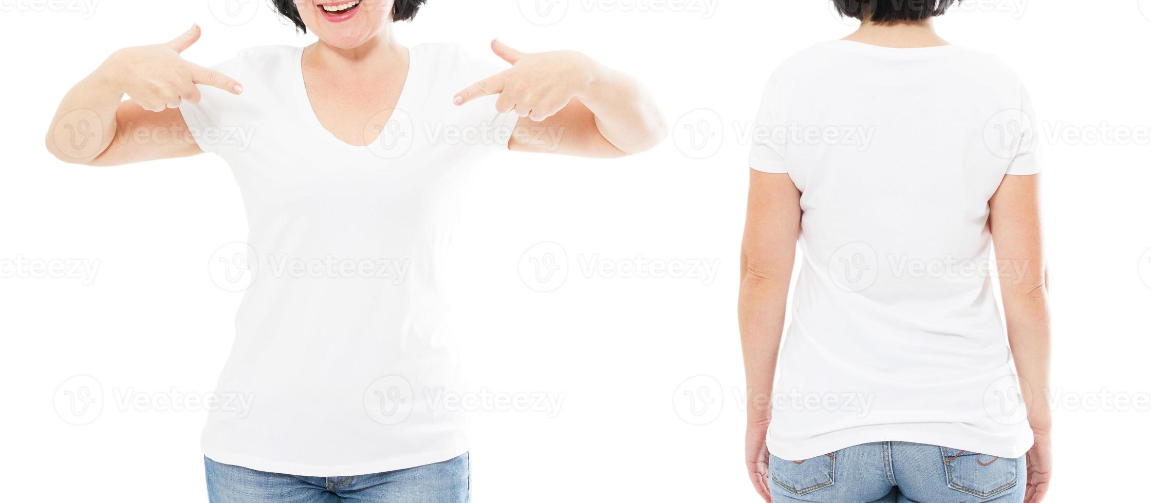 tshirt set front and back view, middle-aged woman in stylish photo