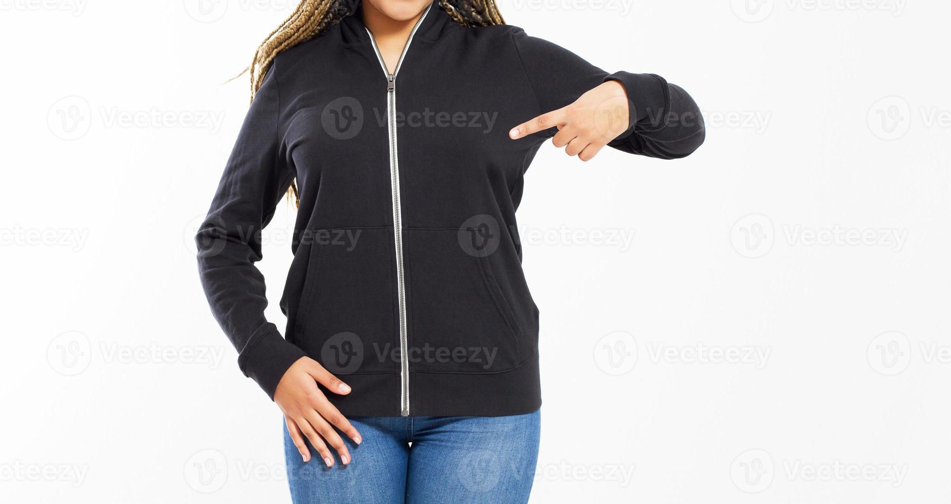 Afro american woman in black hoodie pointing hands at it, girl in sweatshirt mock up cropped image photo