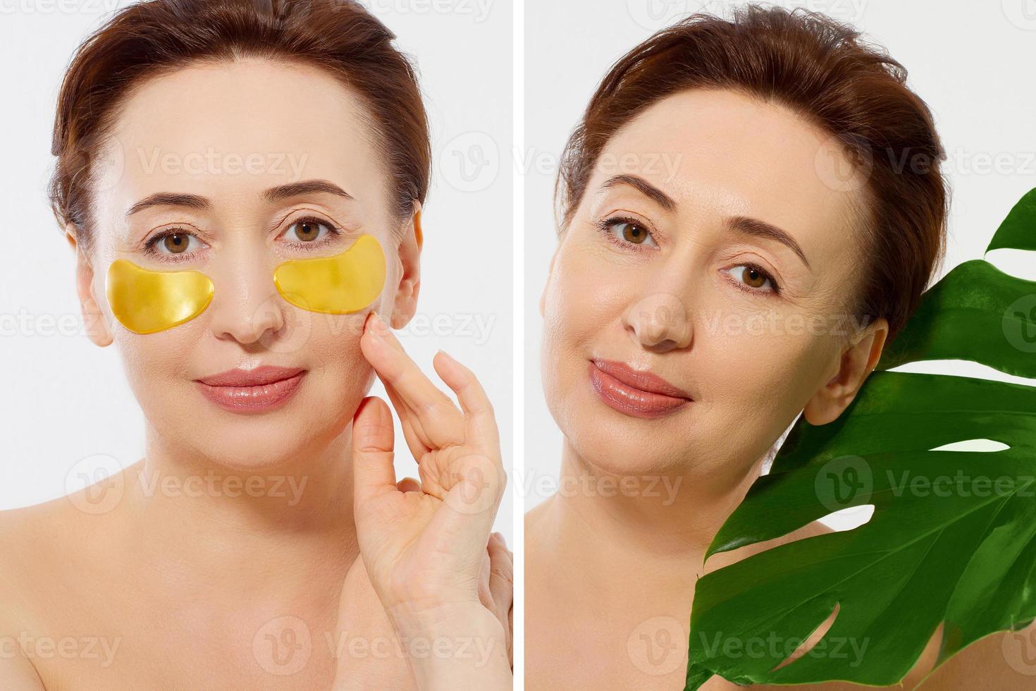 Macro female face before after beauty treatment. Before-after bags under eyes. Middle aged woman. Beauty portrait of middle age woman with wrinkles and a gold patch under eye isolated. photo