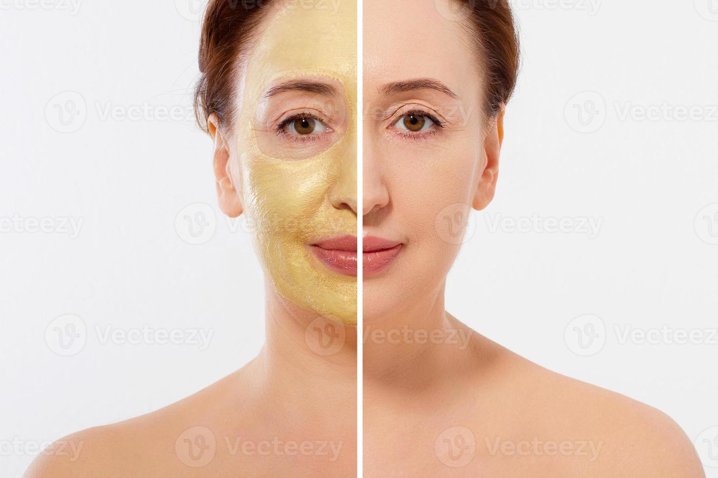 Middle age closeup woman face before after beauty mask treatment. Before-after wrinkled skin. Summer anti aging collagen mask on woman wrinkle face isolated. Mid aged facial skincare. Menopause period photo