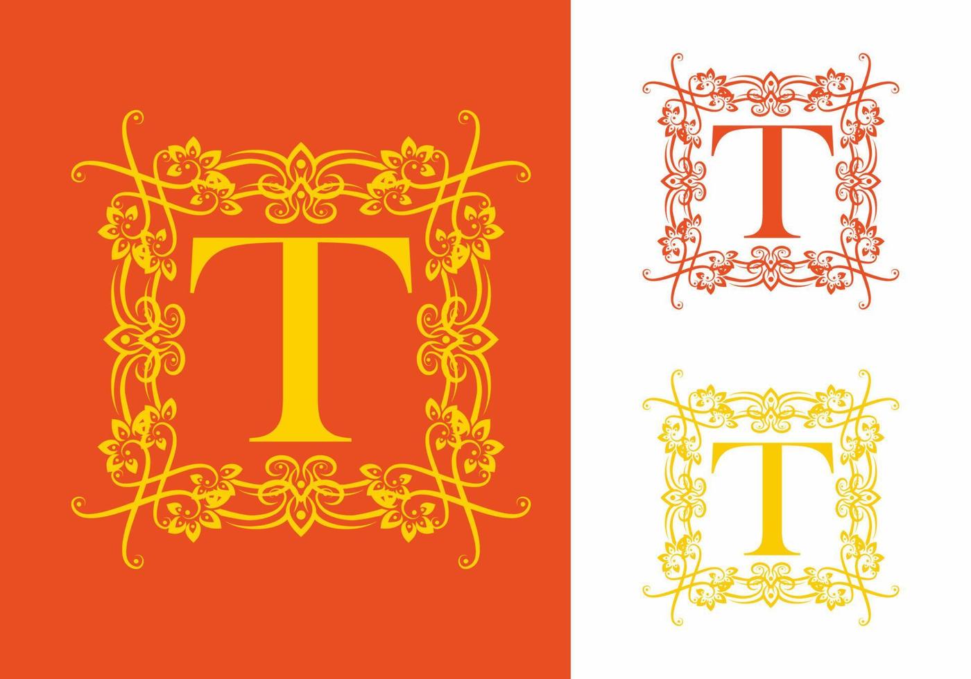 Orange yellow T initial letter in square classic frame vector