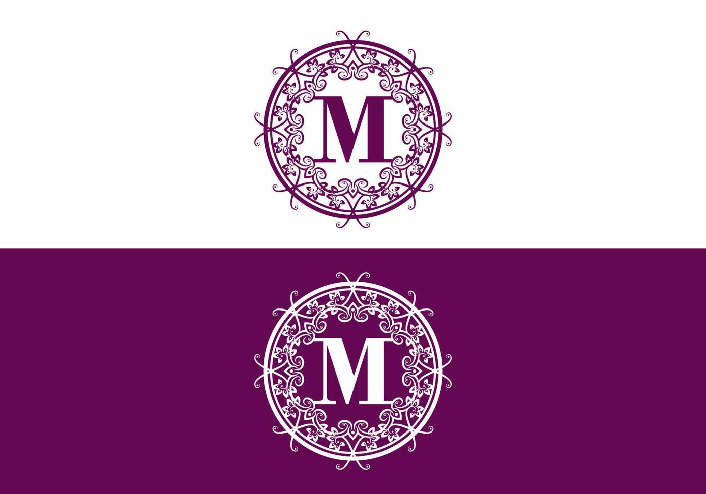 Purple white M initial letter in circle classic frame vector