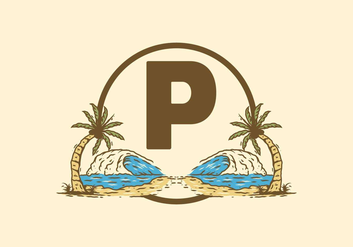 Sea wave and coconut tree line art drawing with P initial letter vector