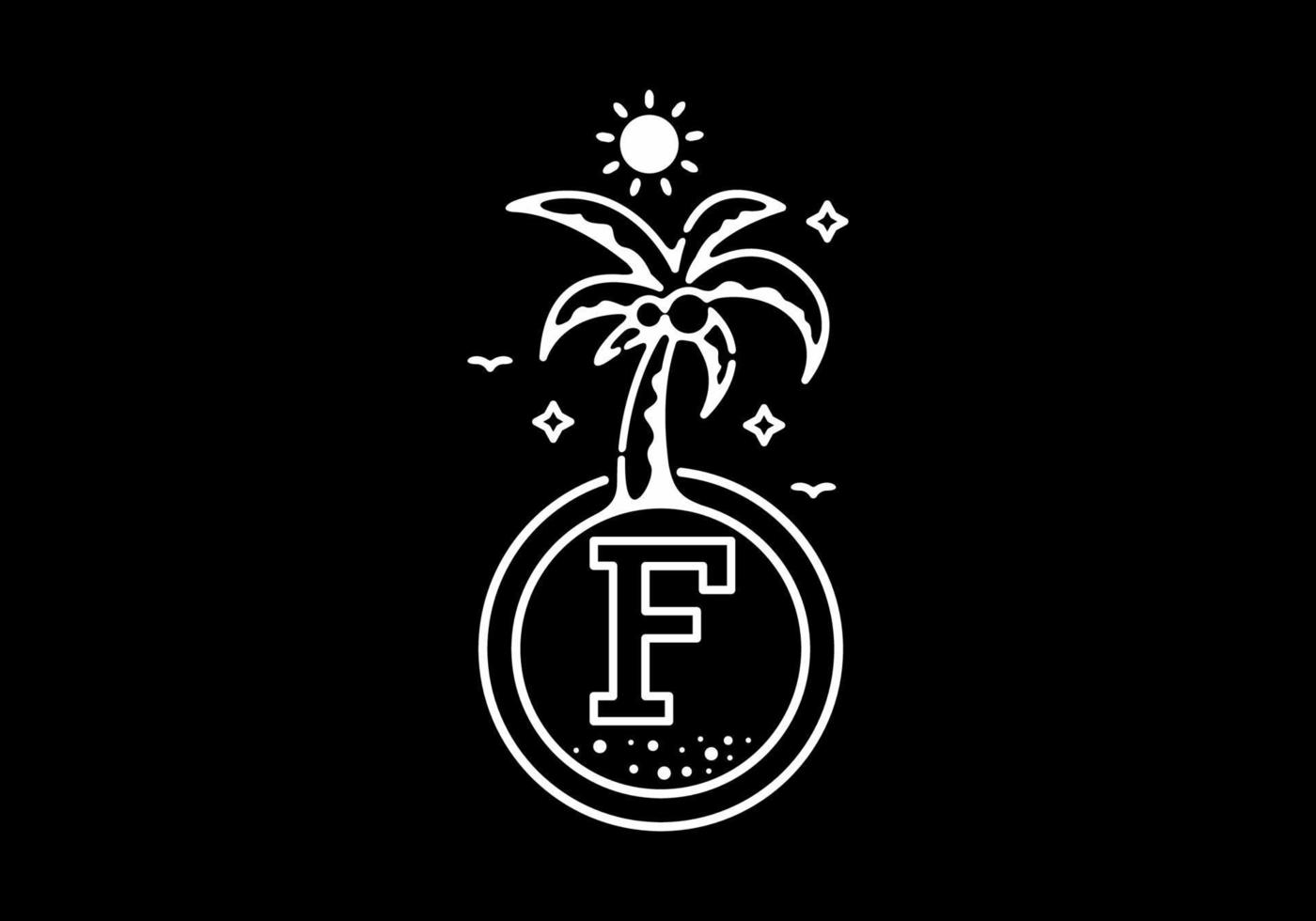 White black line art illustration of coconut tree in the beach with F initial letter vector