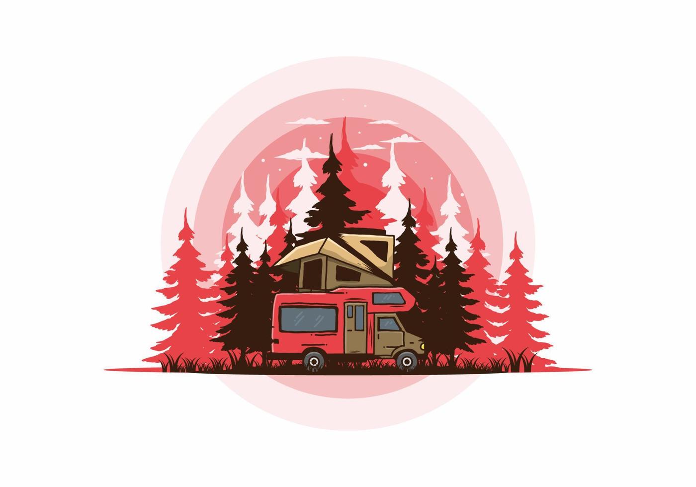 Car roof camping in the jungle illustration vector