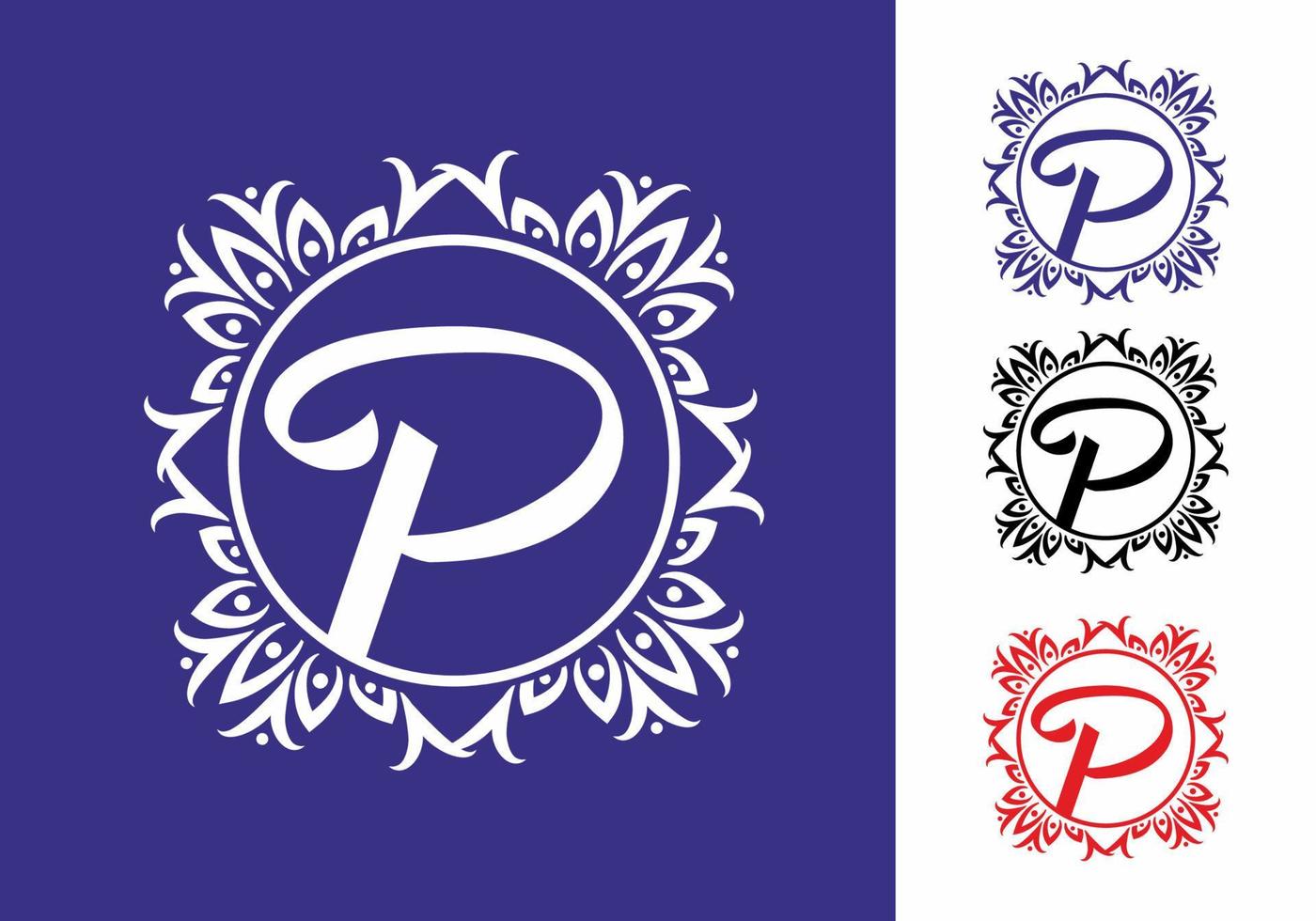 Purple P initial letter in vintage circle frame vector