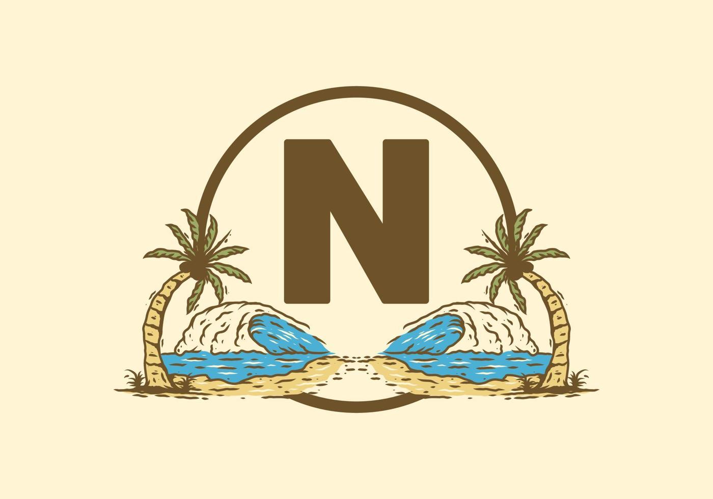 Sea wave and coconut tree line art drawing with N initial letter vector