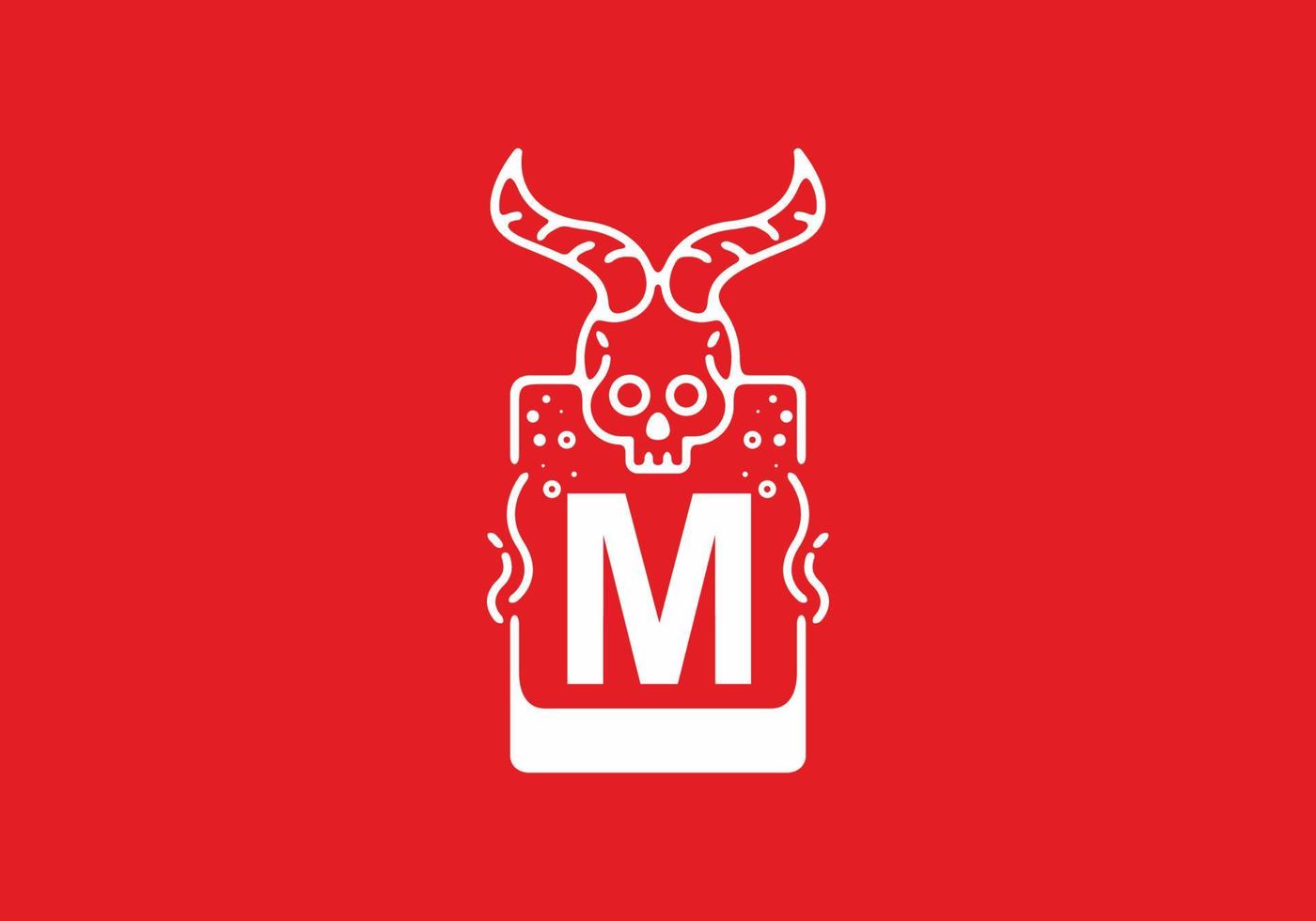 White red line art illustration of skull with M initial letter in the middle vector
