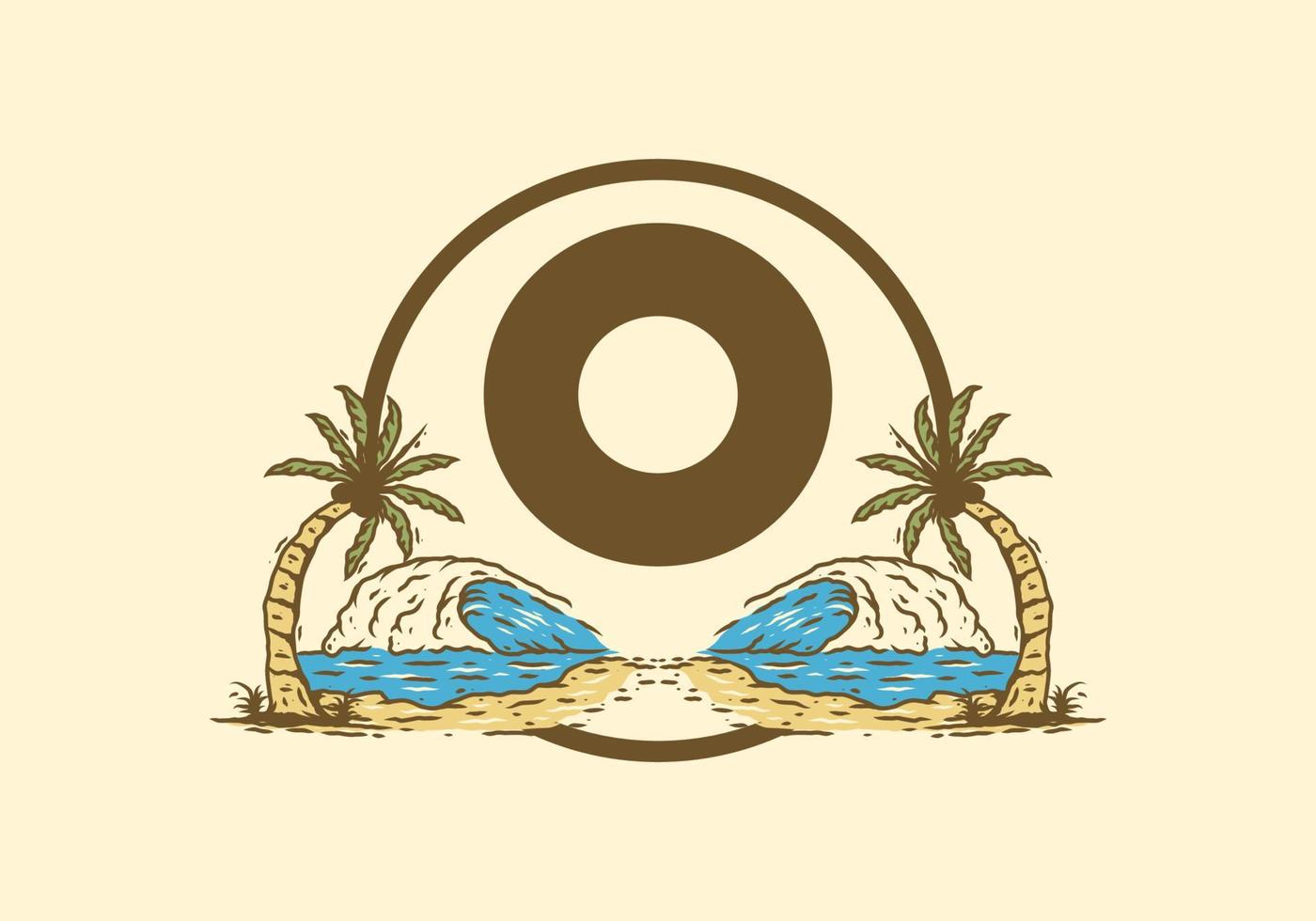 Sea wave and coconut tree line art drawing with O initial letter vector