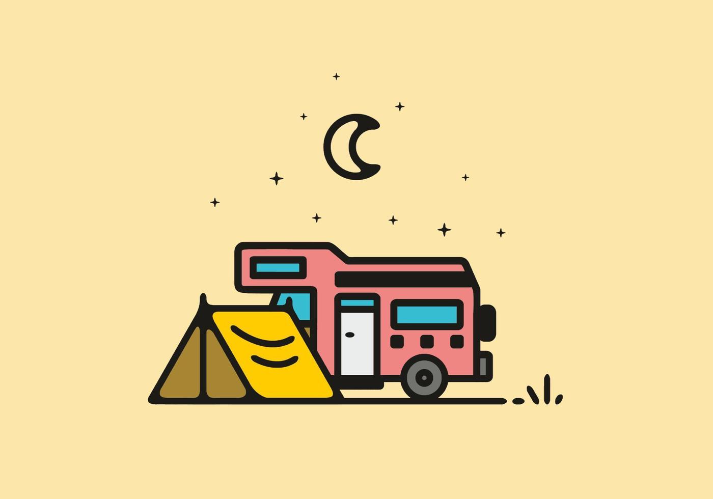 Camping with camper van line art illustration vector