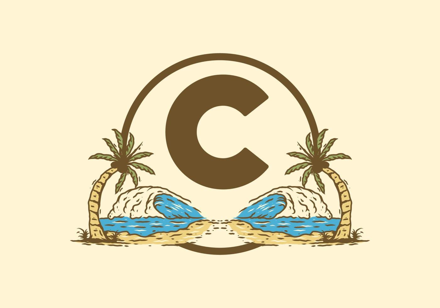 Sea wave and coconut tree line art drawing with C initial letter vector