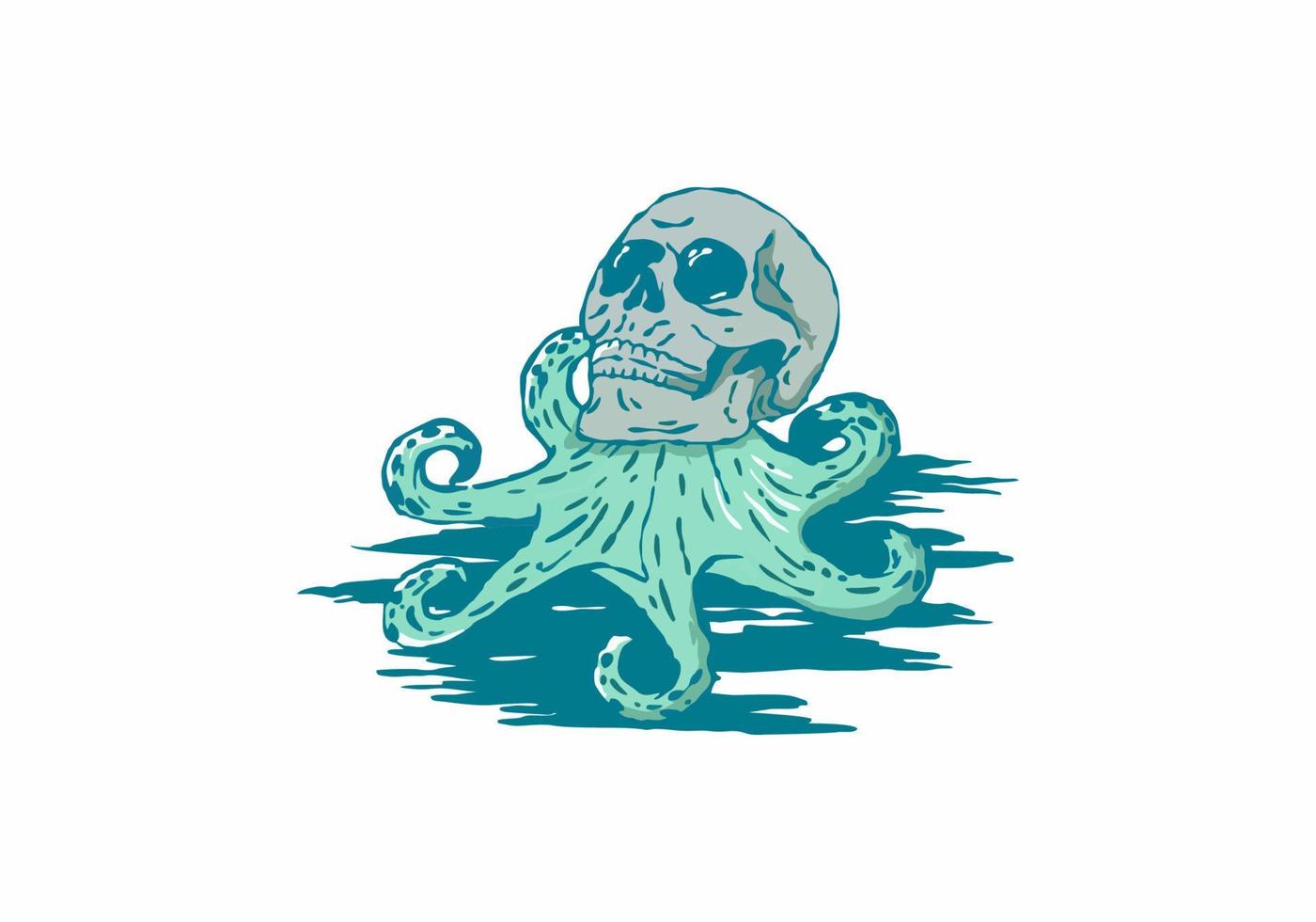 color azul vintage de pulpo con ilustración de cabeza de esqueleto vector