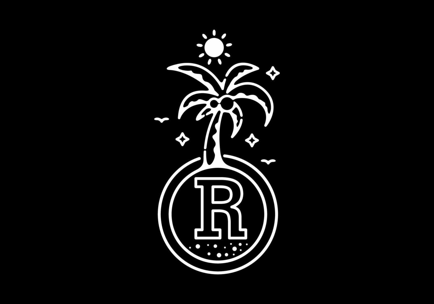 White black line art illustration of coconut tree in the beach with R initial letter vector