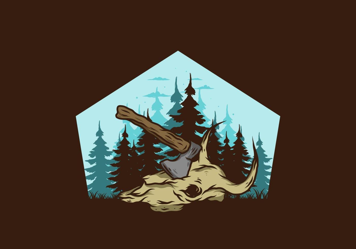 an ax stuck in a buffalo skull illustration vector