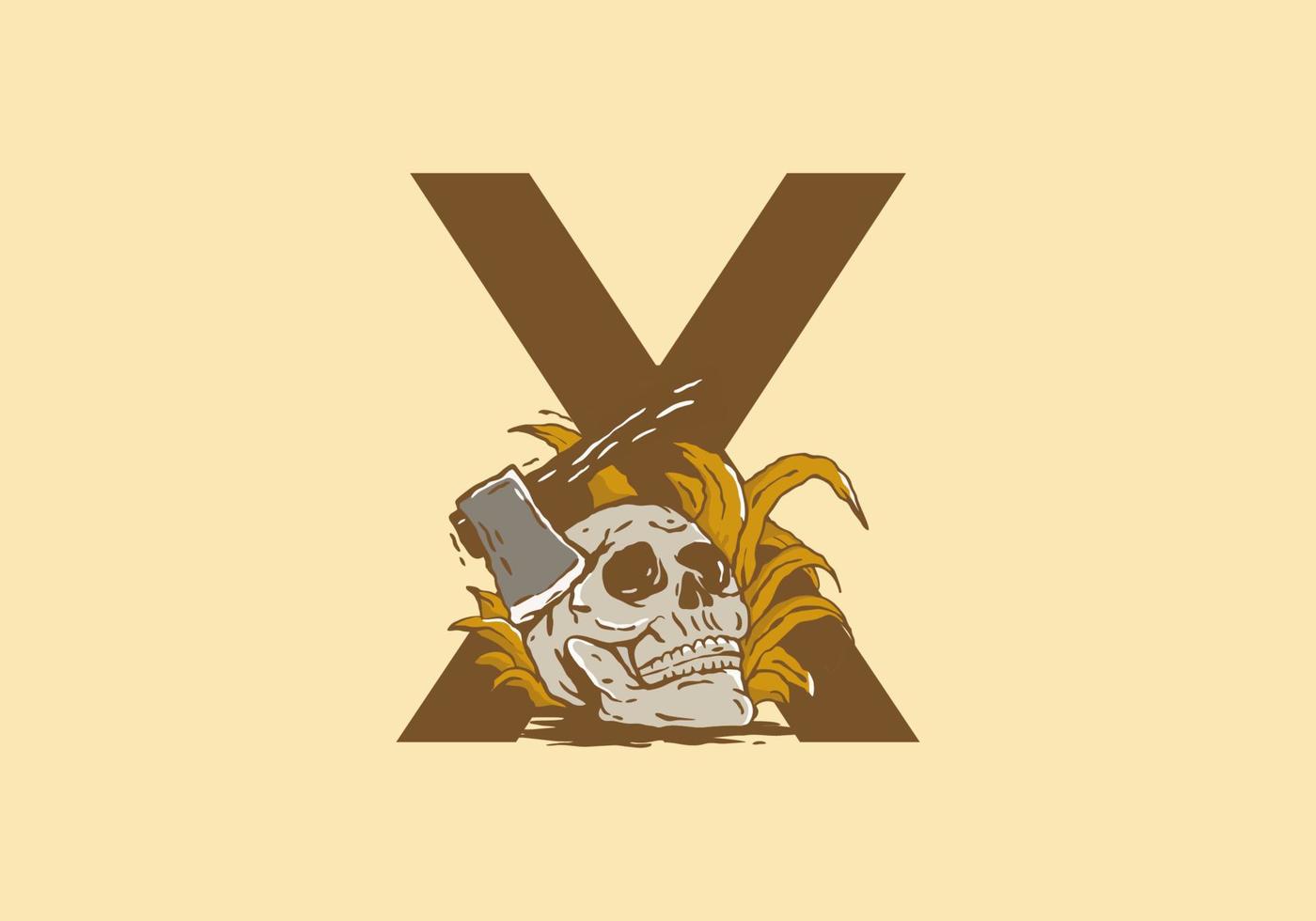 Skeleton head and ax illustration drawing with X initial letter vector