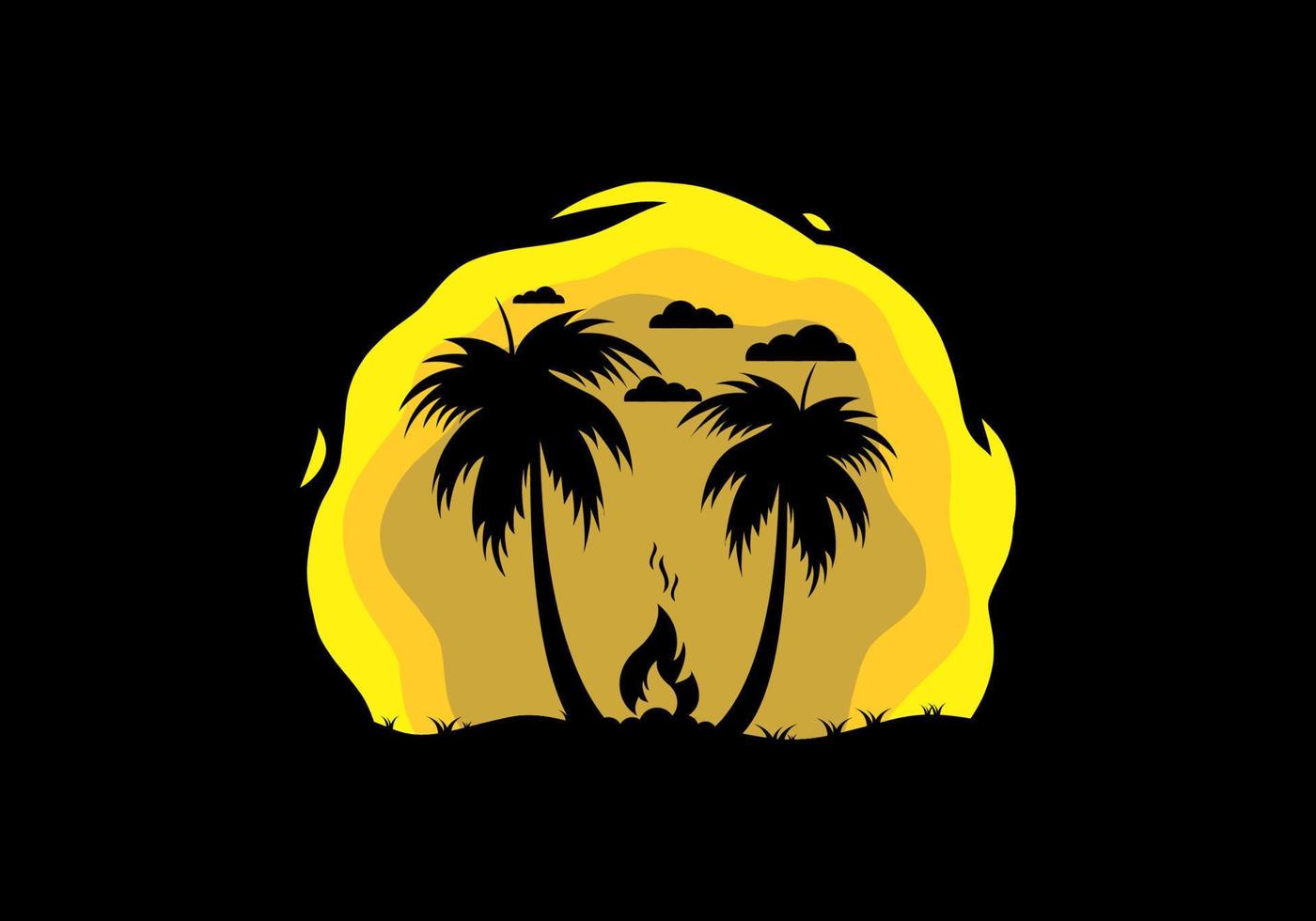 Silhouette of bonfire and coconut trees on the beach vector