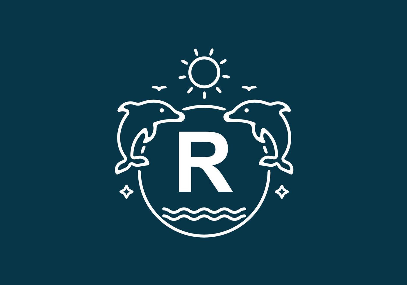 White blue color of R initial letter in dolphin and ocean frame vector