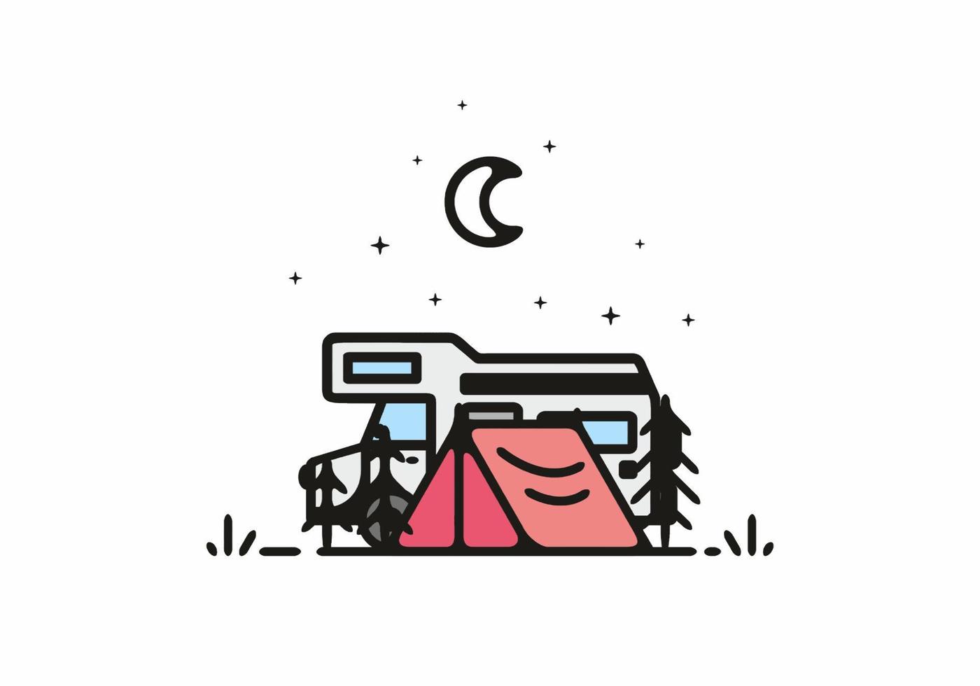 Camping with camper van line art illustration vector