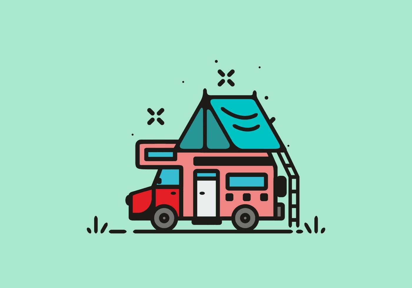 Camping with camper van line art illustration vector