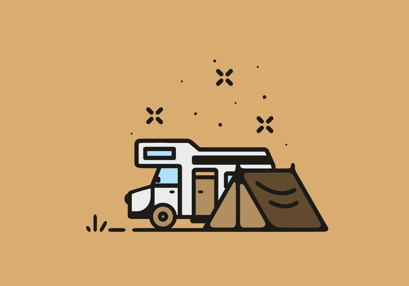 Camping with camper van line art illustration vector