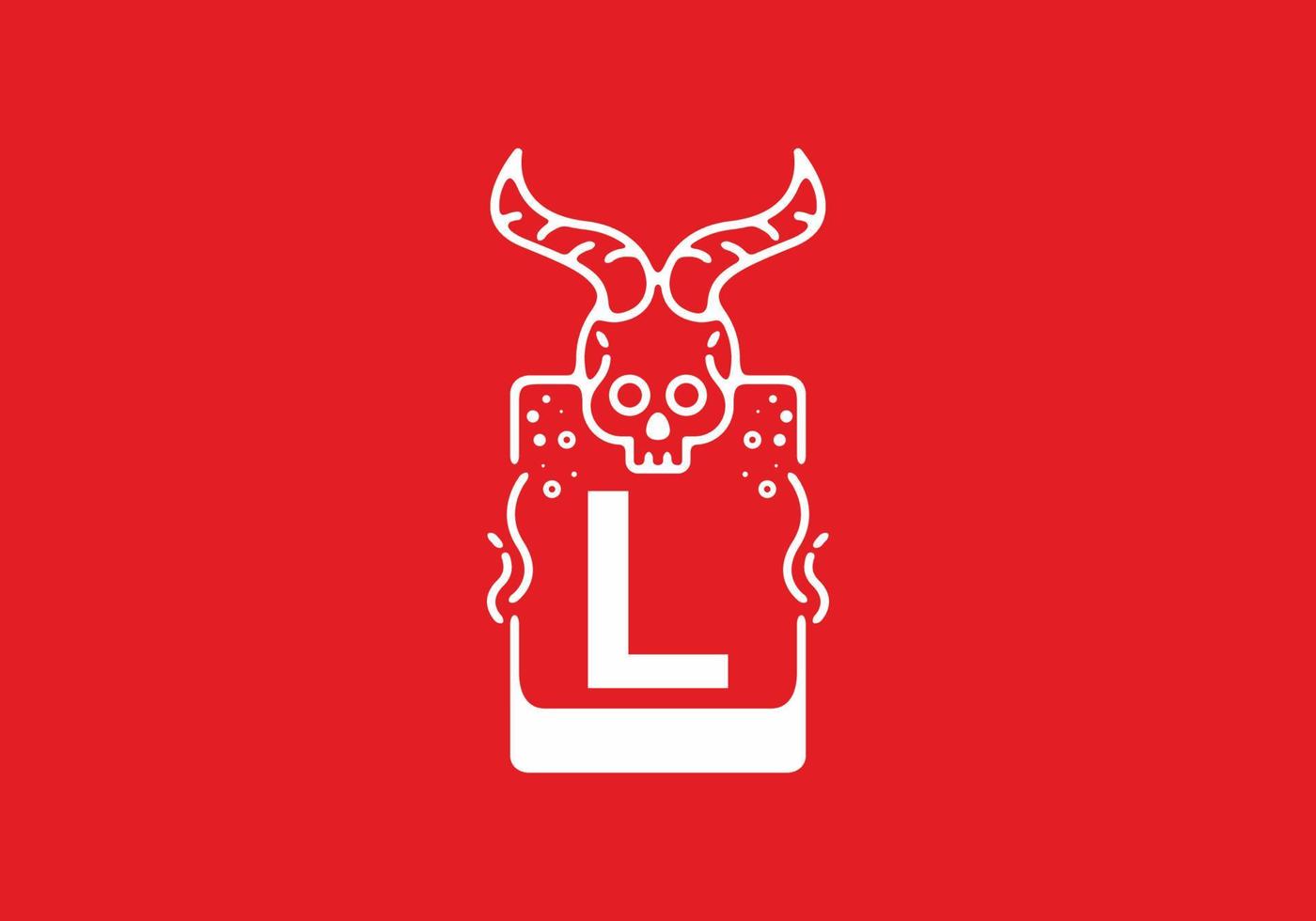 White red line art illustration of skull with L initial letter in the middle vector