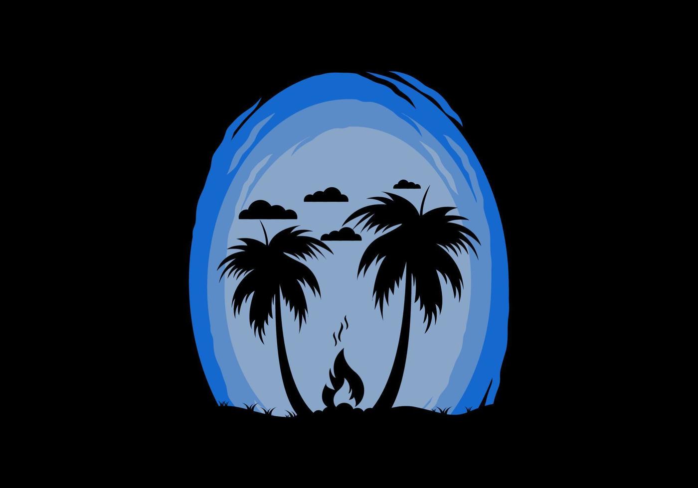 Silhouette of bonfire and coconut trees on the beach vector