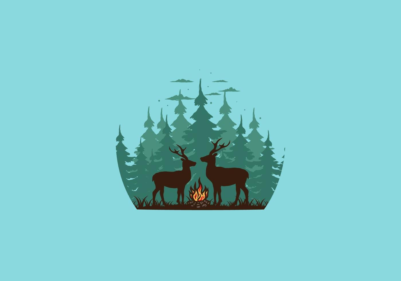 Couple deer and bonfire illustration vector