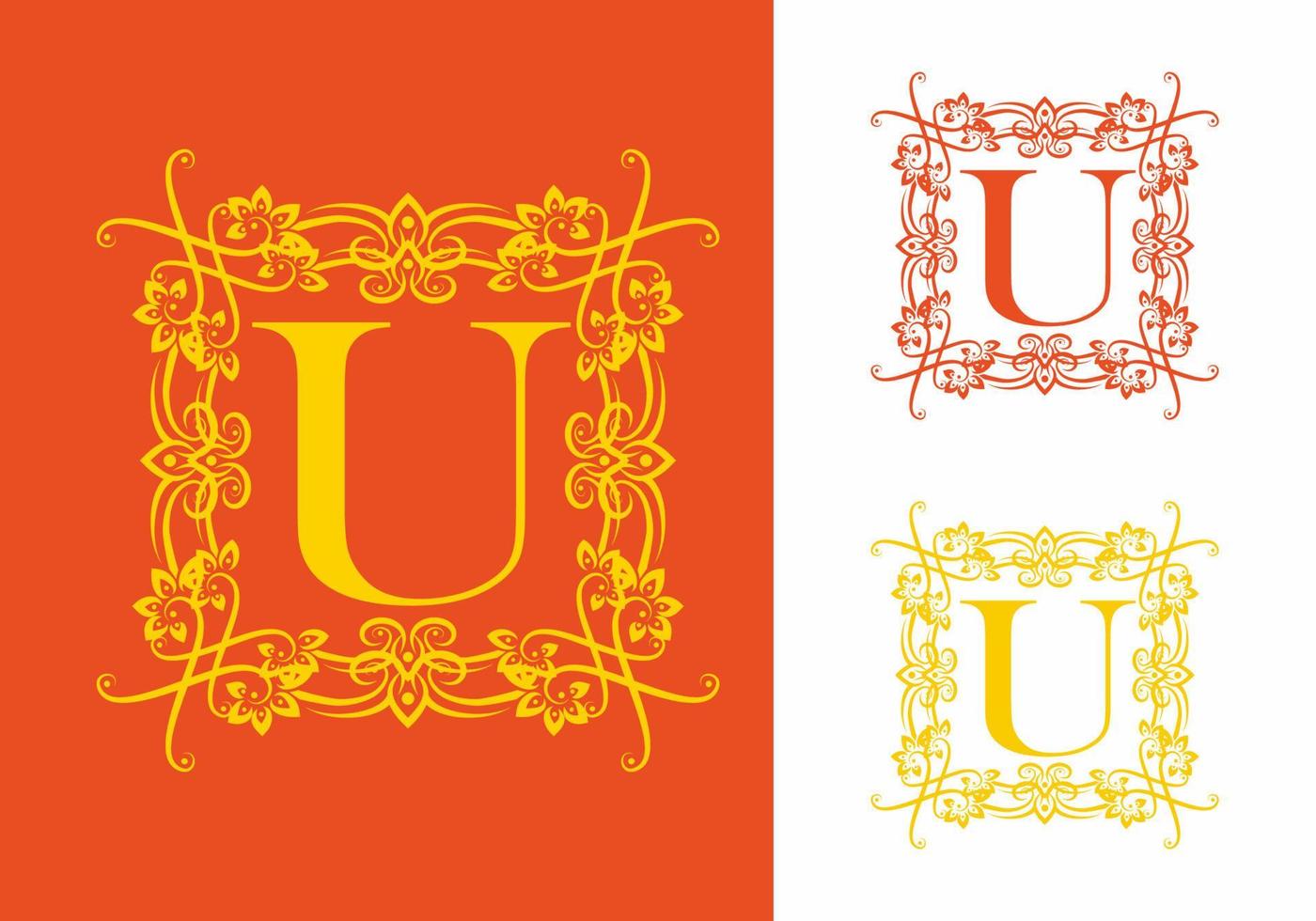 Orange yellow of U initial letter in square classic frame vector