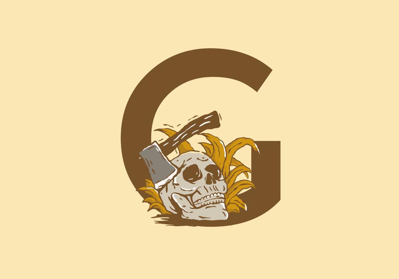 Skeleton head and ax illustration drawing with G initial letter vector