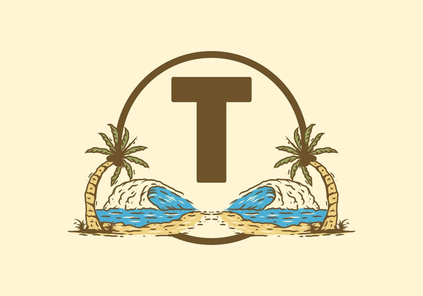 Sea wave and coconut tree line art drawing with T initial letter vector