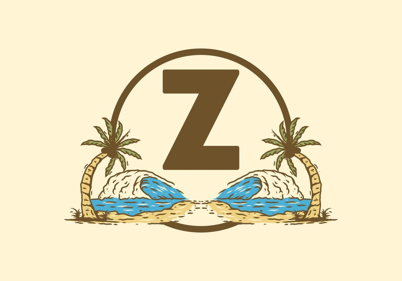 Sea wave and coconut tree line art drawing with Z initial letter vector