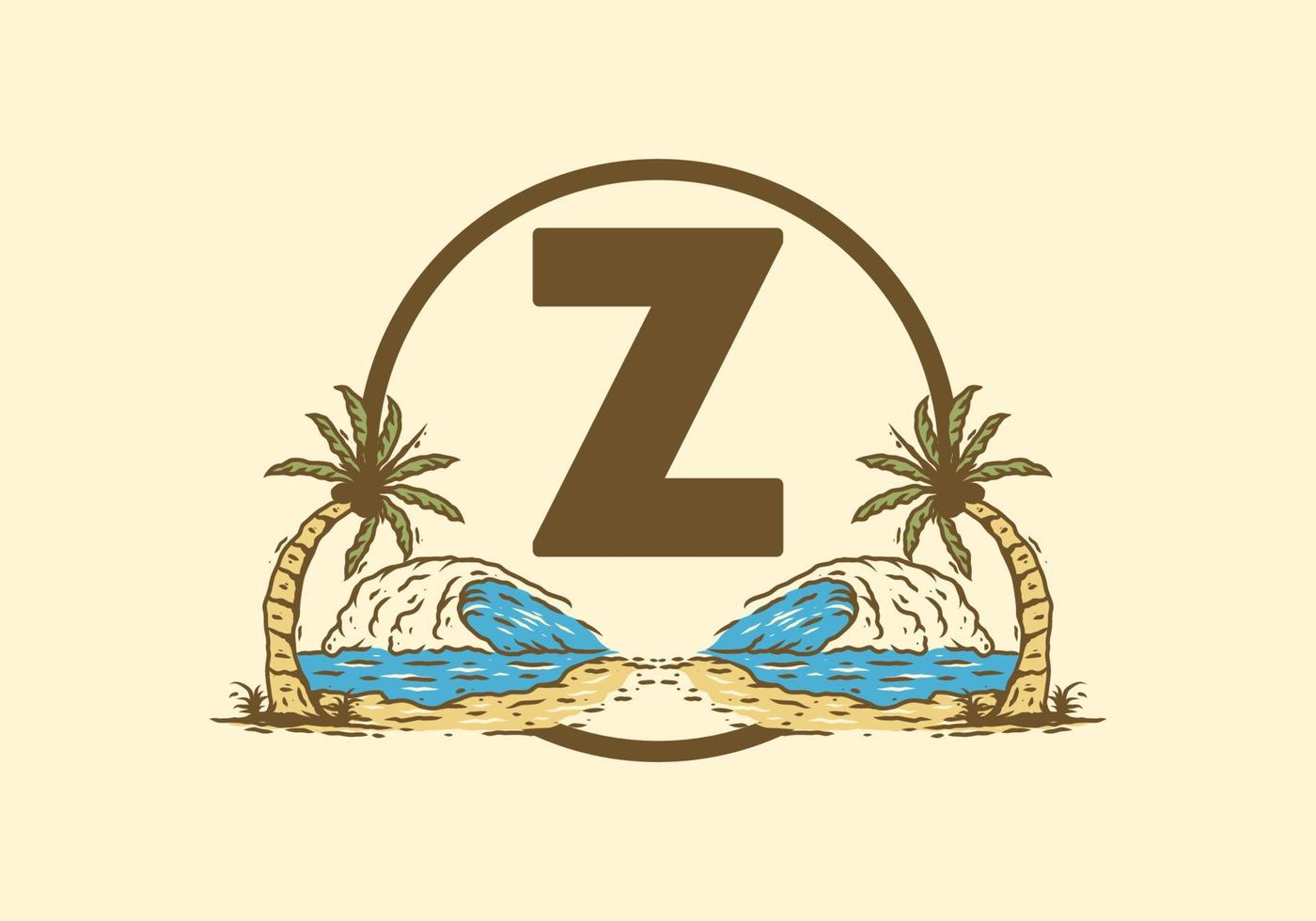 Sea wave and coconut tree line art drawing with Z initial letter vector