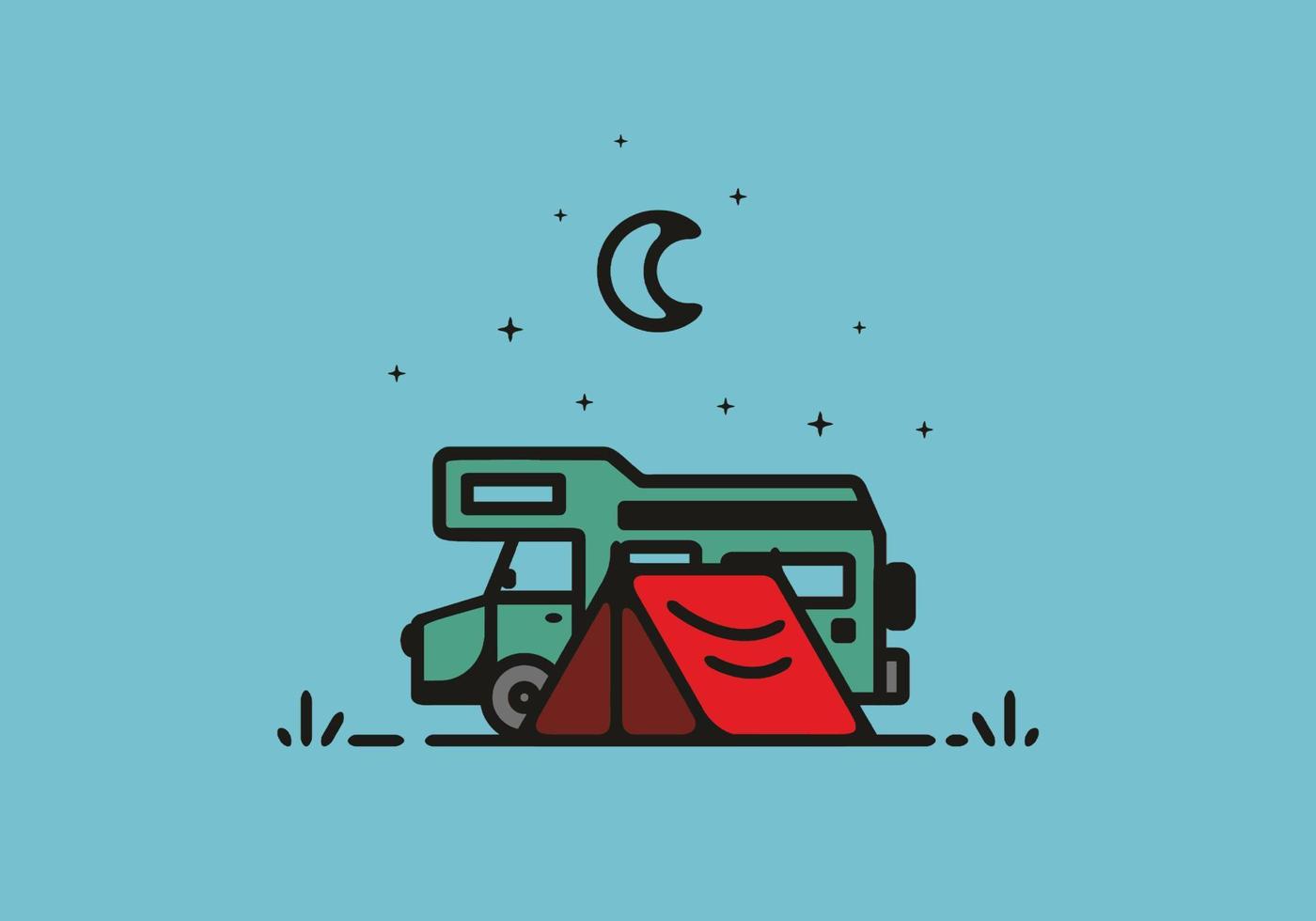 Camping with camper van line art illustration vector