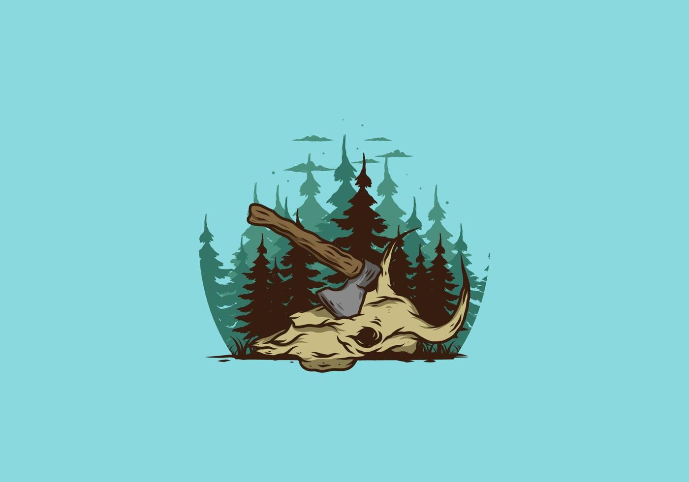 an ax stuck in a buffalo skull illustration vector