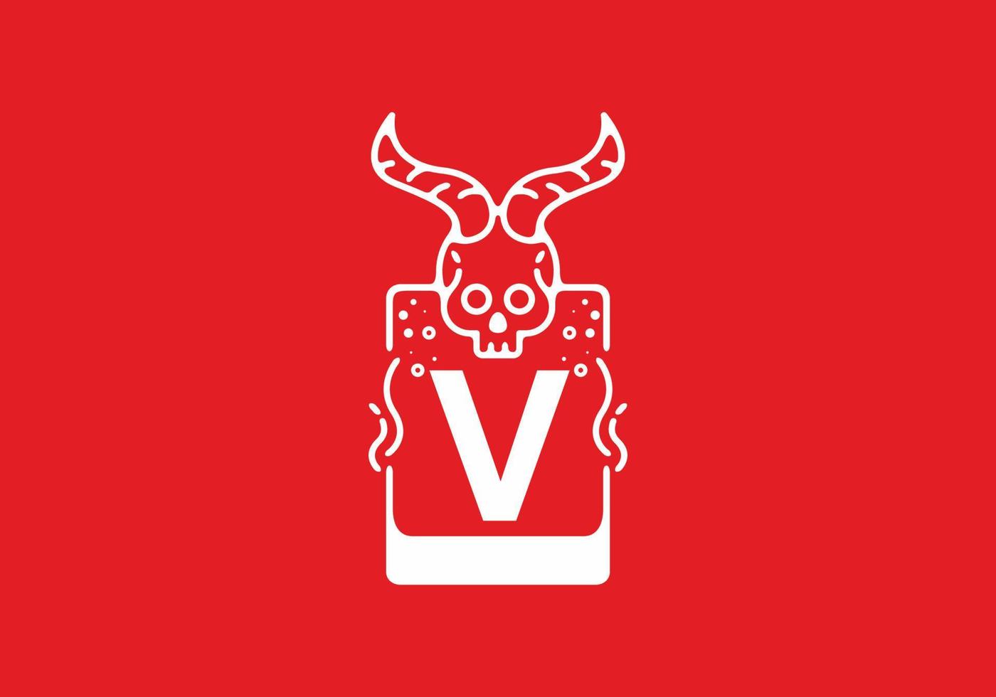 White red line art illustration of skull with V initial letter in the middle vector