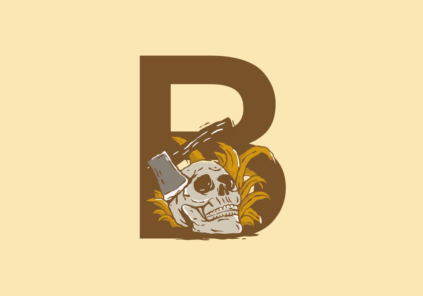 dibujo de ilustración de cabeza de esqueleto y hacha con letra inicial b vector