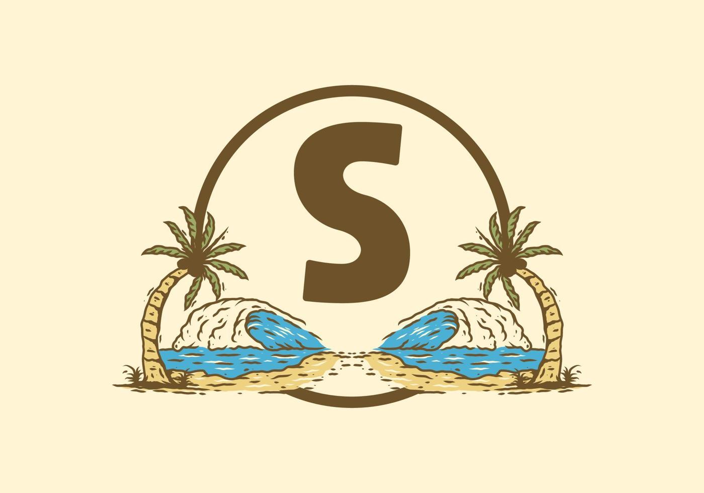 Sea wave and coconut tree line art drawing with S initial letter vector