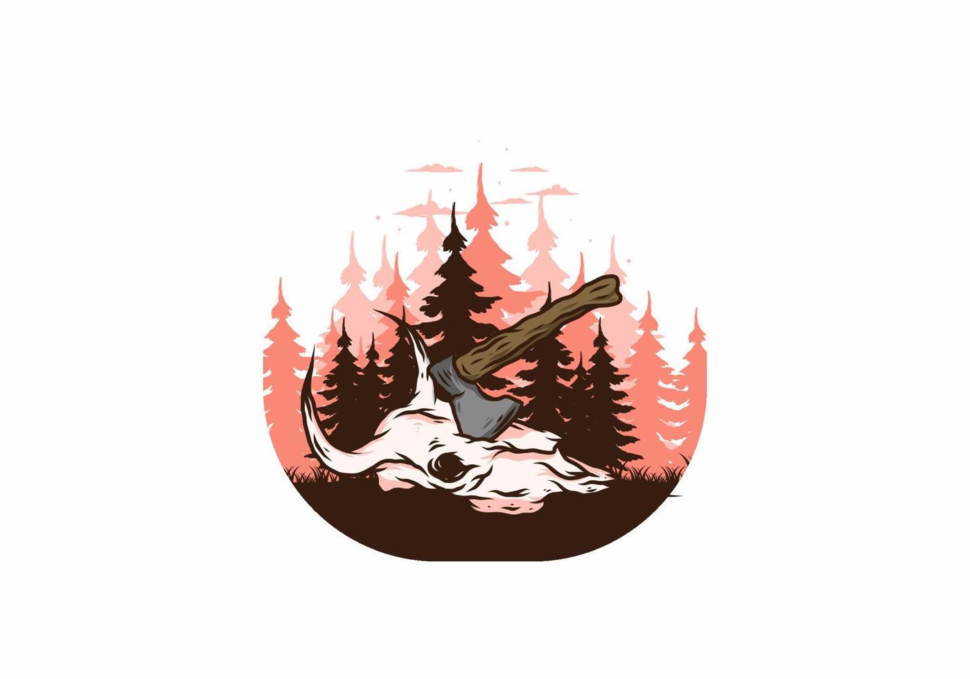 an ax stuck in a buffalo skull illustration vector