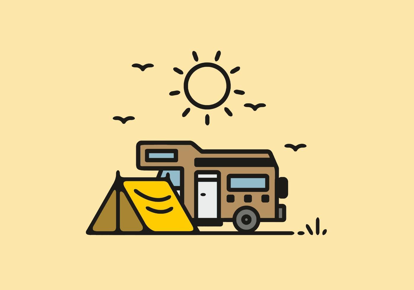 acampar con ilustración de arte de línea de autocaravana vector